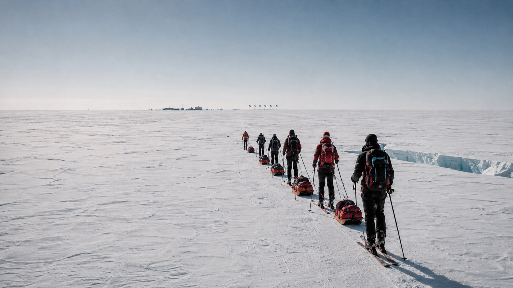 Ski expedition crossing the vast Antarctic ice sheet toward a polar station